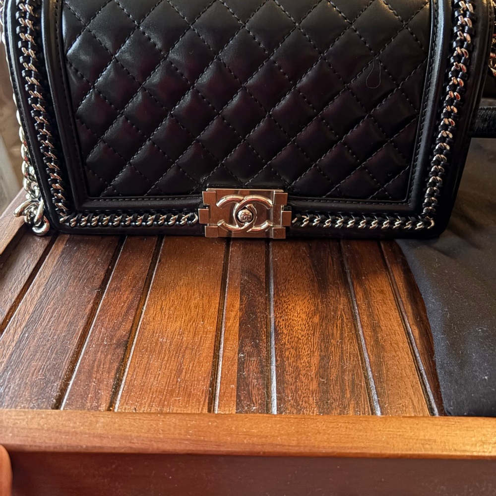 CHANEL Black Quilted Leather Boy Crossbody with Silver Hardware